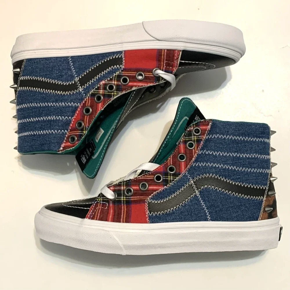 Vans Sk8-Hi Tartan Daze Leather/Plaid/Denim/Acidwash Studded Women’s Size 8 Shoe - Picture 3 of 9